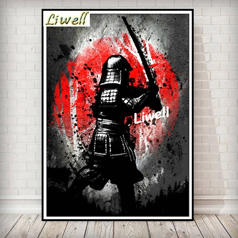 Japanese Ninja Bonsa 5d Full Square Diamond Painting Black Ink Bushido Samurai Armor Mosaic Cross Stitch Wall Art Room Decor