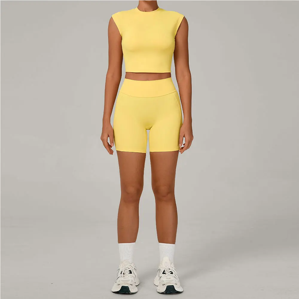 

Комплекты для йоги Комплекты для тренировок Женский спортивный костюм из 2 предметов Спортивные костюмы Йога с короткими рукавами Шорты с высокой талией Одежда для бега и фитнеса