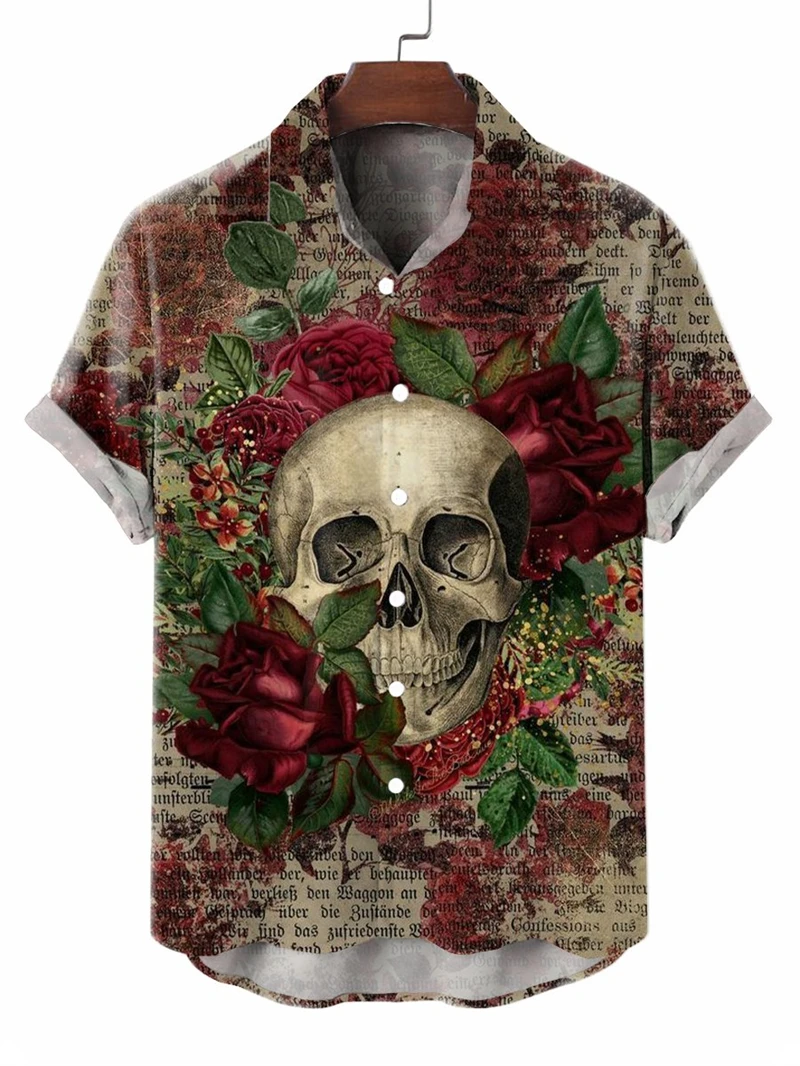 Hawaiian Horror Halloween Casual Shirts Beach Warrior Flower Short Sleeve Tropical Men Plus Size Vacation Beachwear Streetwear