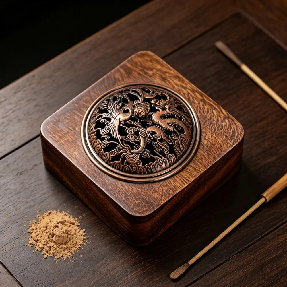 Square Wooden Incense Box Decorative Storage Container with Hollow Lid Retro Chinese Style Home Office Desktop Ornament Gift