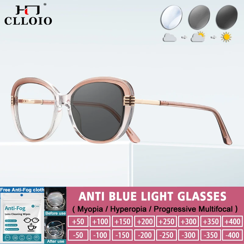 

CLLOIO Currents Women Myopia Photochromic Polygon Prescription Progressive Glasses Optical Lens Anti Blue Ray Reading Eyewear