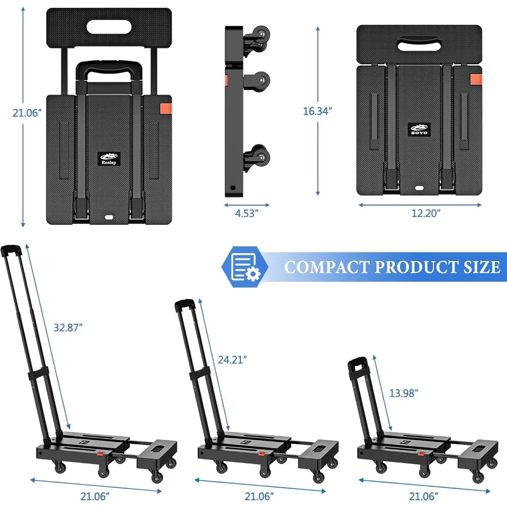 Wózek ręczny składany o dużej wytrzymałości, udźwig 227 kg, wózek transportowy z 6 kołami i elastycznymi linkami do przeprowadzki, podróży i zakupów.