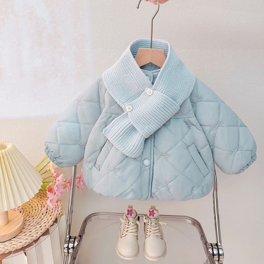 

Baby Girl Korean Style Loose Fit Short Cotton Jacket Women's Knitted Collar Splice Bread Trendy Winter New Arrival 0-4Y