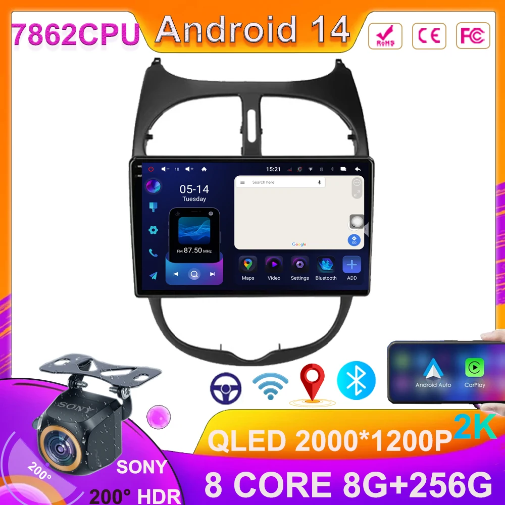 NO 2Din Car Android 14 Radio For Peugeot 206 206CC SW 1998 -2012 Multimedia Player Wireless Carplay Android Auto WIFI FM Stereo