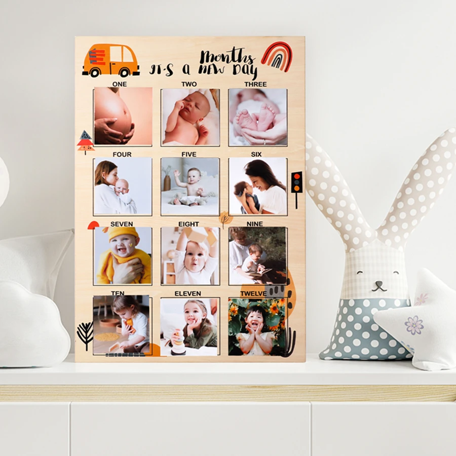 Wooden Baby Growth Record Album Display Board Baby Room Decoration for 12 Month Newqborn Picture Frame Baby First year Wood Sign