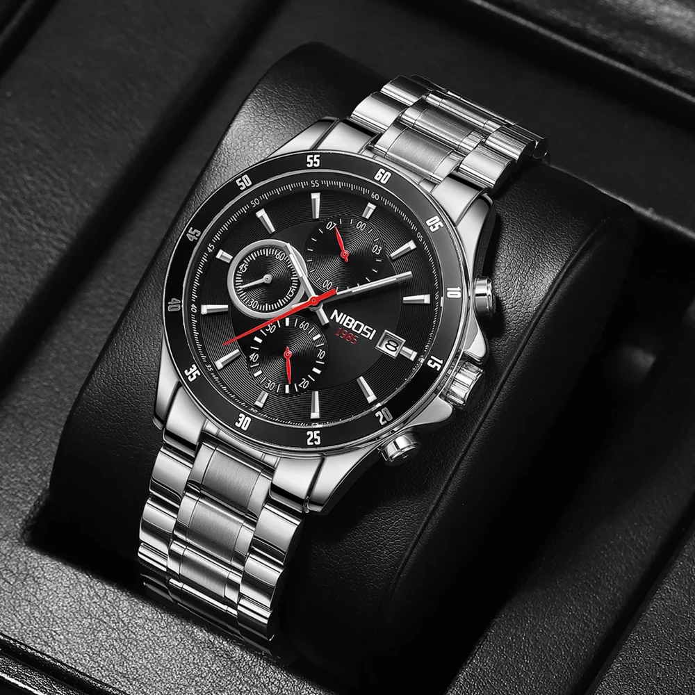 NIBOSI Brand Luxury Chronograph Quartz Watch for Men Stainless Steel Waterproof Luminous Fashion Wristwatch Relogio Masculino