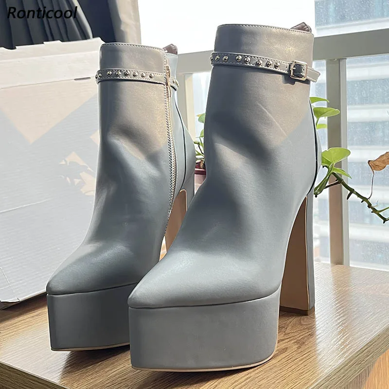 

Ronticool Handmade Women's Grey Leather Ankle Boots with Studded Buckle Detail - Platform Heels & Zip Closure Size 36-43