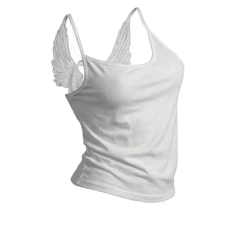 Angel Wings Vest 3D Embossed Wings Embroidery Spaghetti Strap Vest Y2K Women Gothic Fashion Summer Sexy Slim Backless Short Top
