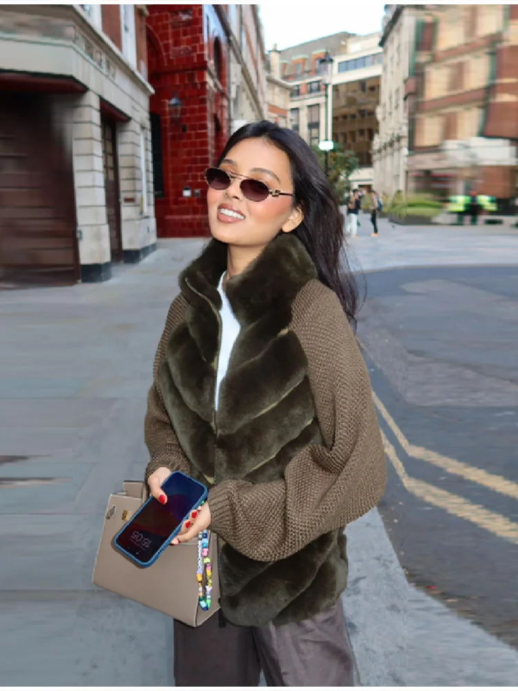 Faux Fur Patchwork Women\'s Winter Coat Luxyry Stand Collar Zipper Jackets Splicing Knitted Sleeved Outwear 2025 New Lady Coats