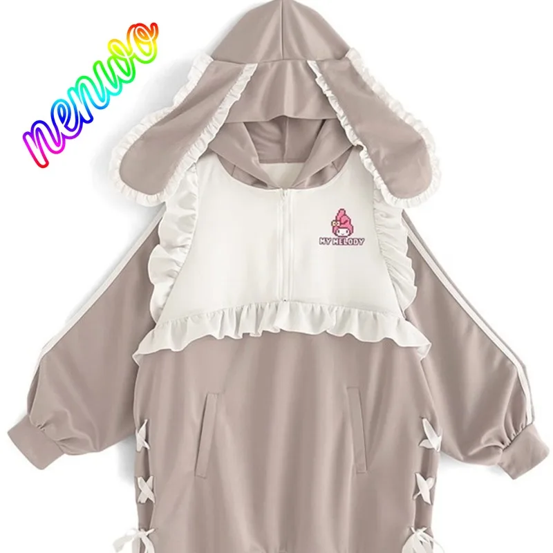 

Милая толстовка с кошачьими ушками и контрастными вставками, женская свободная толстовка с рюшами и пэчворком, в стиле Харадзюку, на молнии, Y2K, эстетичная повседневная толстовка