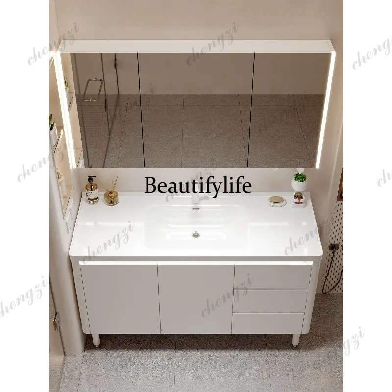 Cream wind, floor-to-ceiling bathroom cabinet, easy-to-clean ceramic basin, bathroom waterproof washstand, combination.