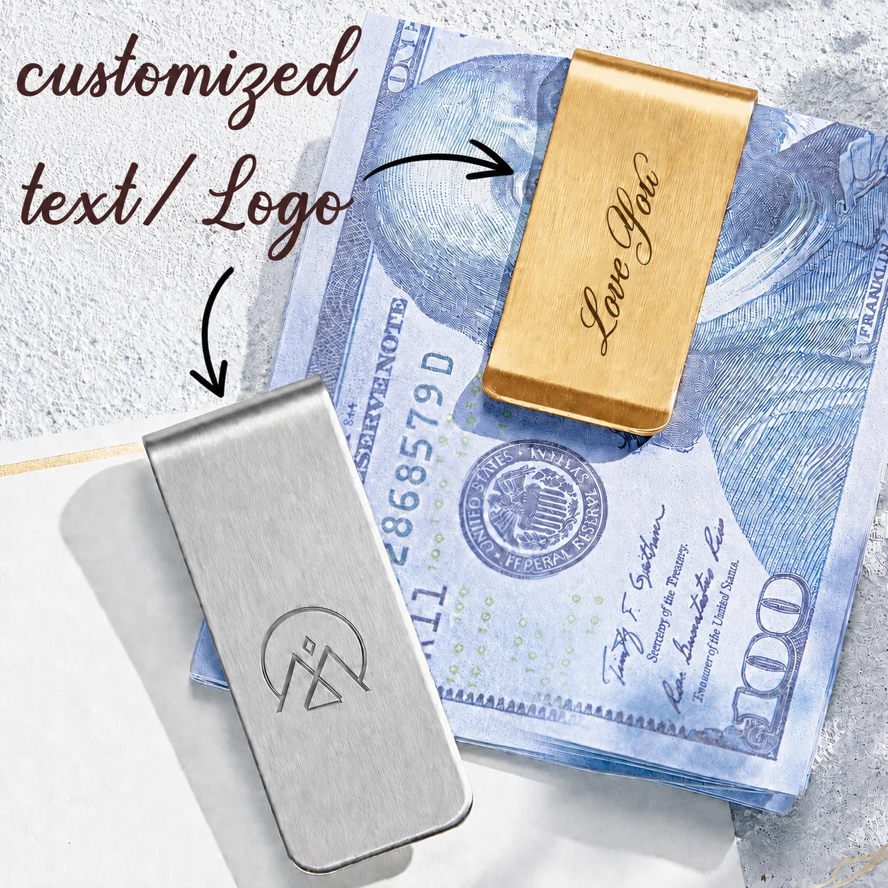 Pince à billets en acier inoxydable personnalisable avec texte/logo, pince à billets polyvalente en métal pour usage quotidien, cadeau idéal pour lui pour un anniversaire