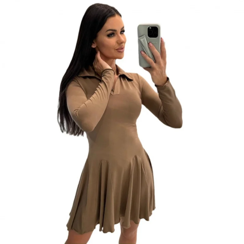 Ropa de mujer europea y americana nueva moda temperamento Color manga larga solapa y cintura vestido corto ajustado