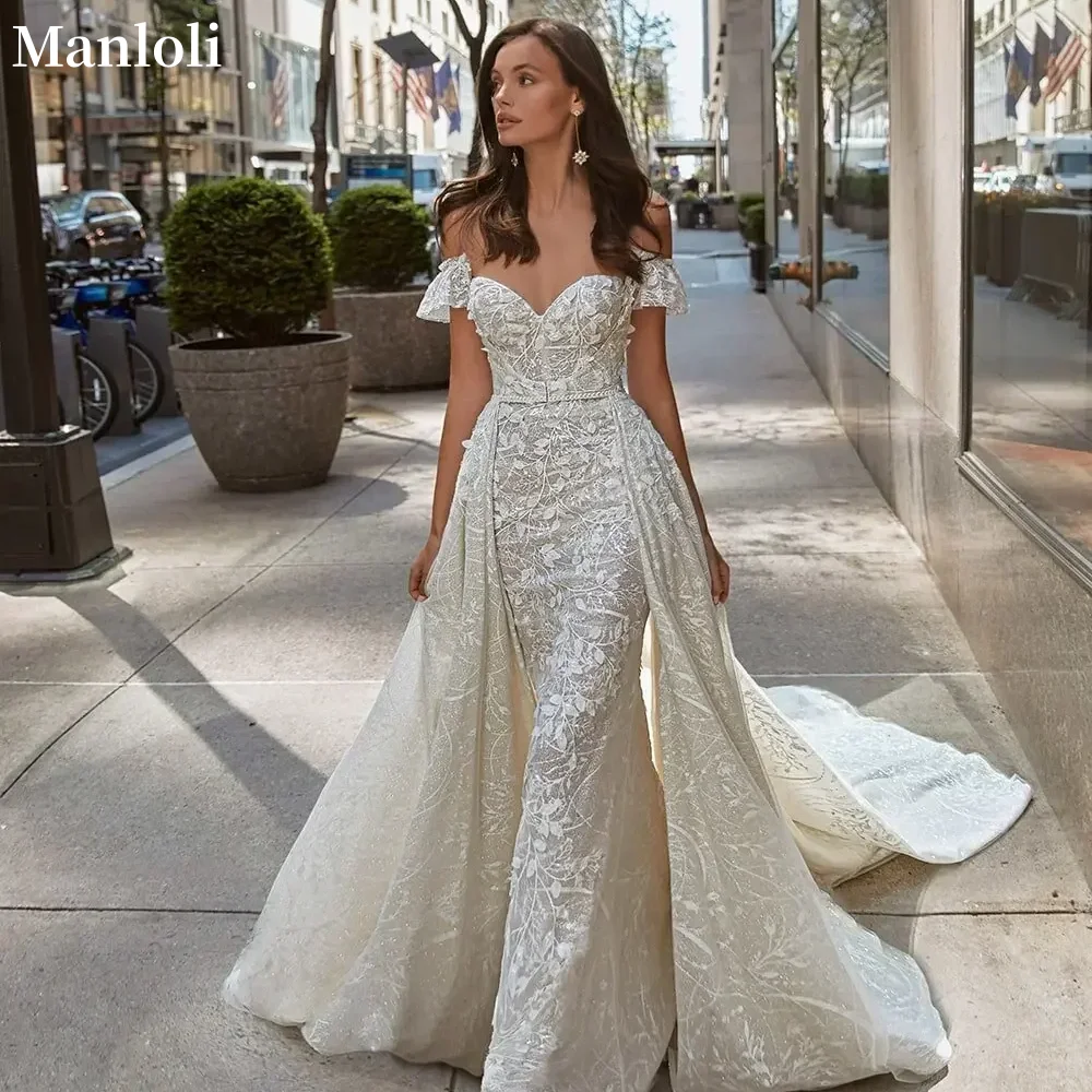 

Luxury Sweetheart 3D Lace Mermaid Wedding Dress Sparkling Detachable Train Low Shoulder Sheath Flower Bride Dress Customized