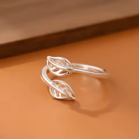 Hot selling new 925 sterling silver fashionable simple personality hollow double tree leaf sweet opening ring wholesale JZ025