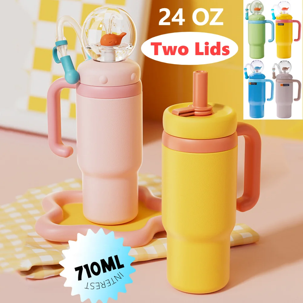 Stainless Steel Whale Fountain Tumbler 24oz Drinking Cup 710ml Insulated Tumbler Leak Proof Whale Squirt Water Cup with Straw
