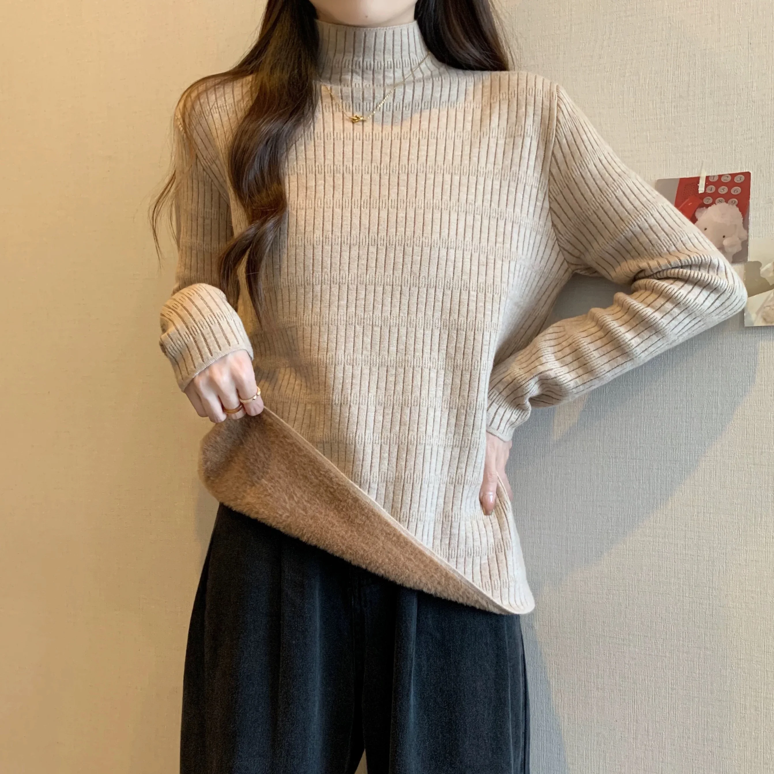 

Thiened f-High Collar Base irt Женский зимний теплый свитер Long Sve Regular Fit Comfortable Commute Sle Pure Color