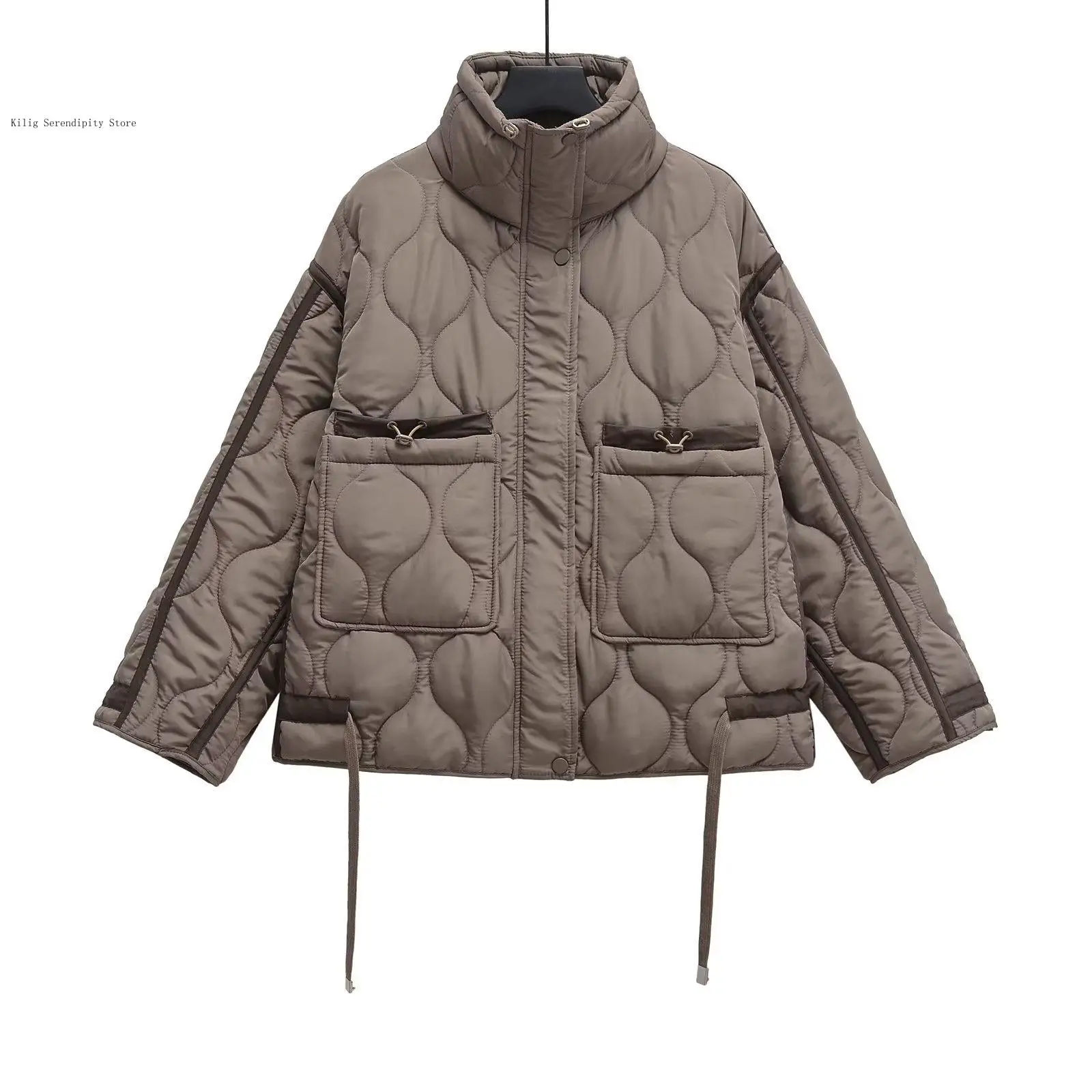 Spring Autumn Winter European and American Street Stand Collar Long Sleeved Jacket Cotton Jacket Women's Coat
