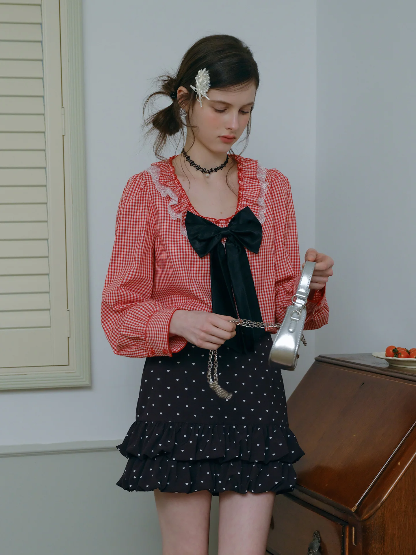 

Spring 2026 Red Plaid Cotton Shirt Women's Loose Long Sleeve round Neck Collar Knot Color Block Lace Trim Commute S...