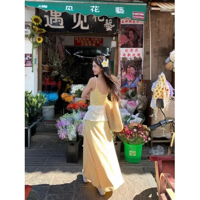 Yellow floral sleeveless tank dress with straps for women 2025 summer new style French sweet and gentle style long dress