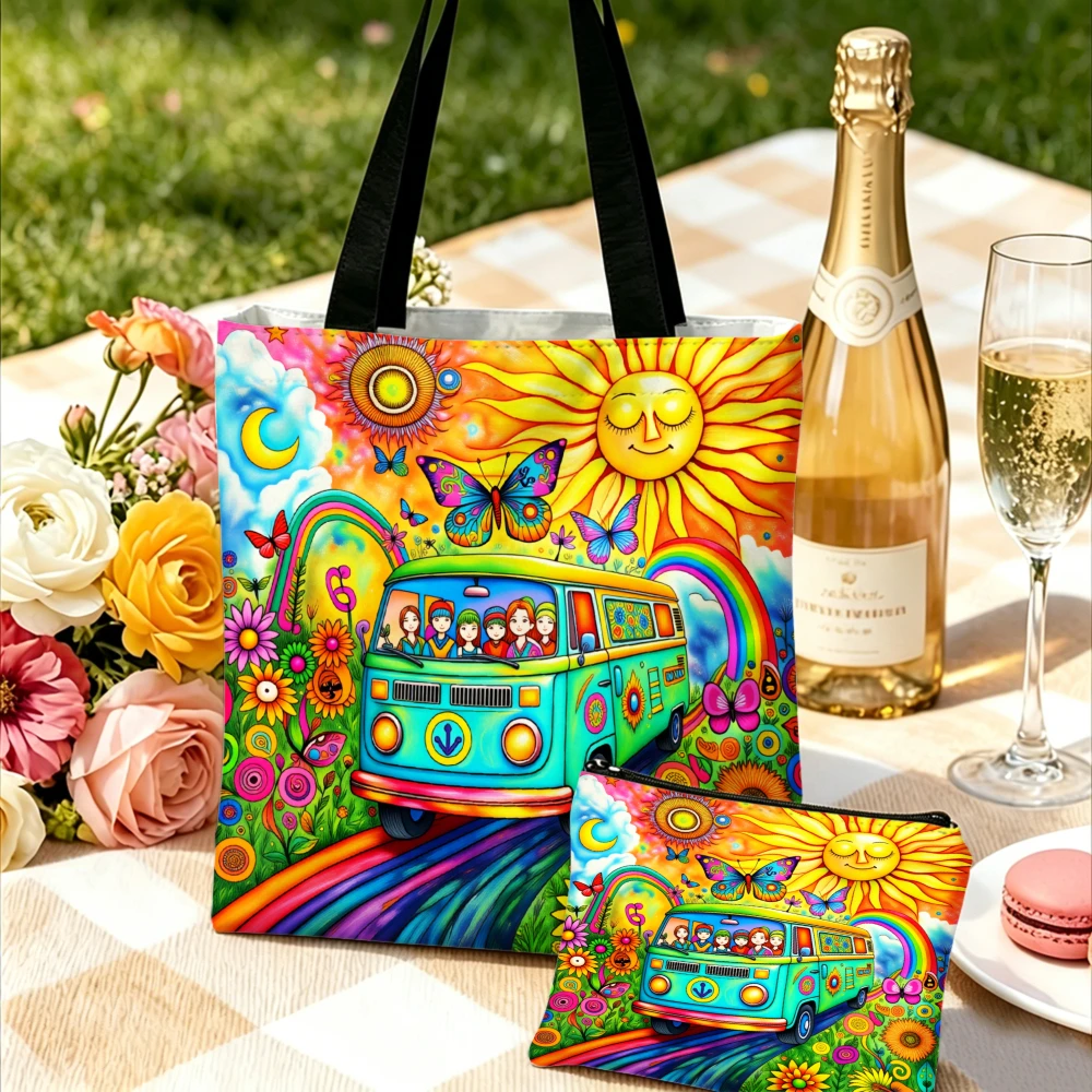 Colorful Hippie Van Handbag Multicolor Pattern Tote Bags And Makeup Bag Combination For Women Travel Daily Use Shoulder Bag view 4