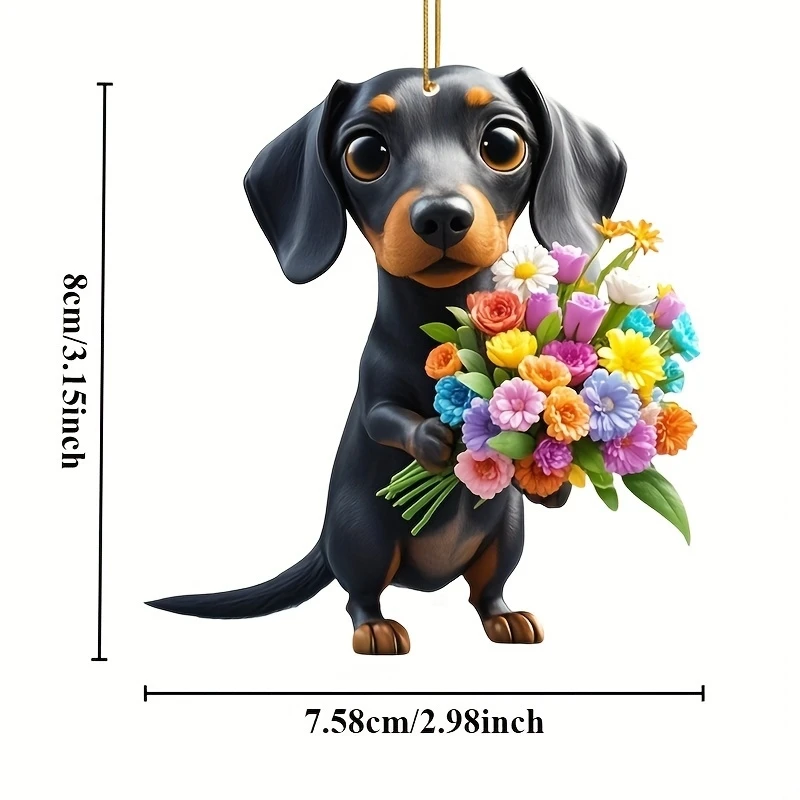 1/3 piece acrylic dachshund and bouquet pendant 2D decorative car interior keychain animal accessory