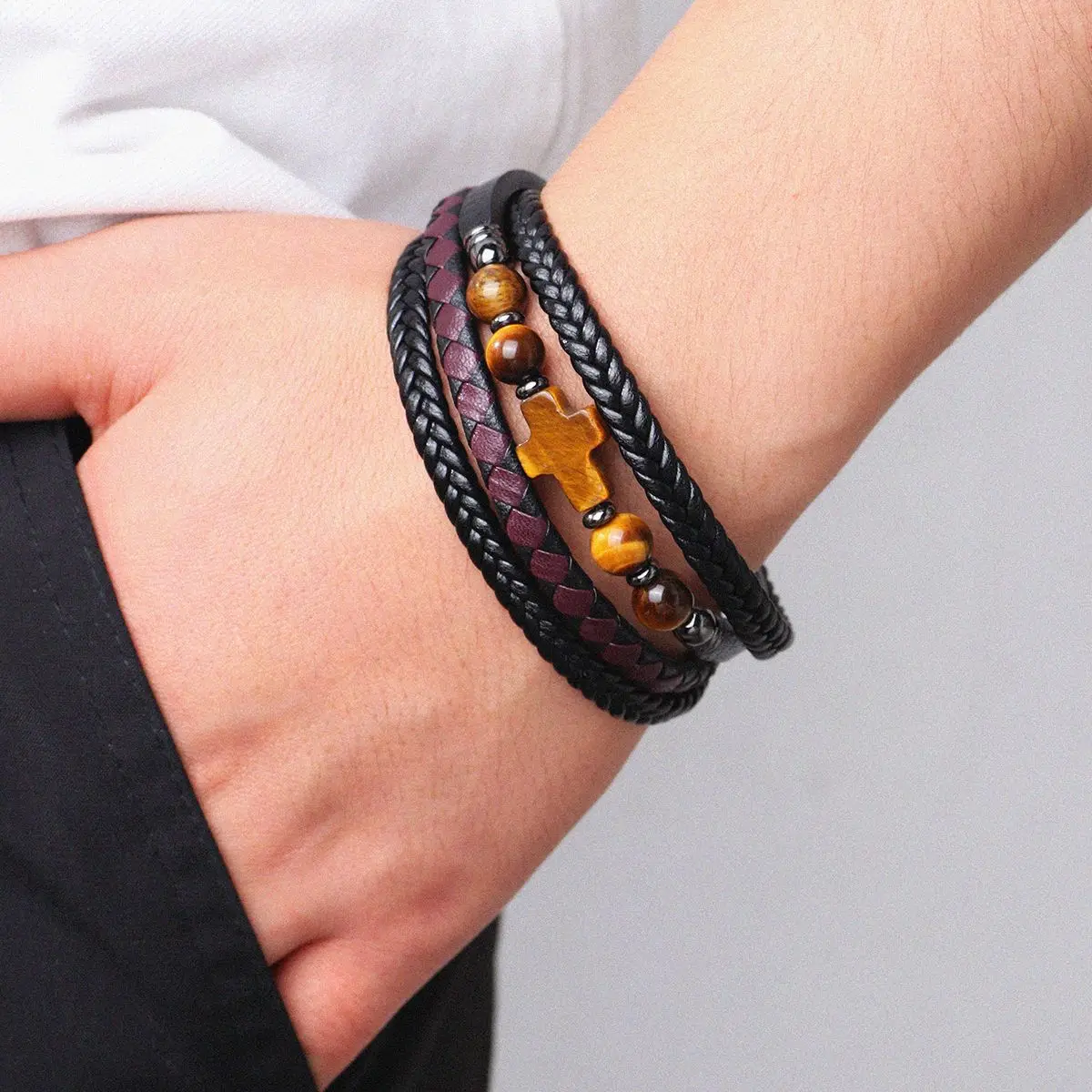 

Мужской браслет с крестом, бусины из натурального камня, браслеты-розарии с крестом, многослойный кожаный браслет, женские украшения для йоги и медитации, Homme Pu