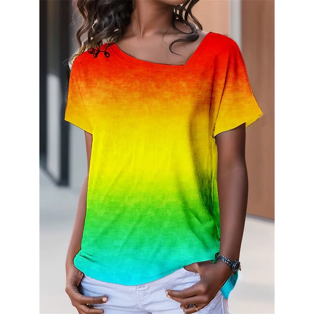 3D Rainbow Print Women's T-shirt V-neck Short Sleeve Summer Harajuku Y2k Sexy Tops Casual Pullover Fashion Streetwear Ladies Tee