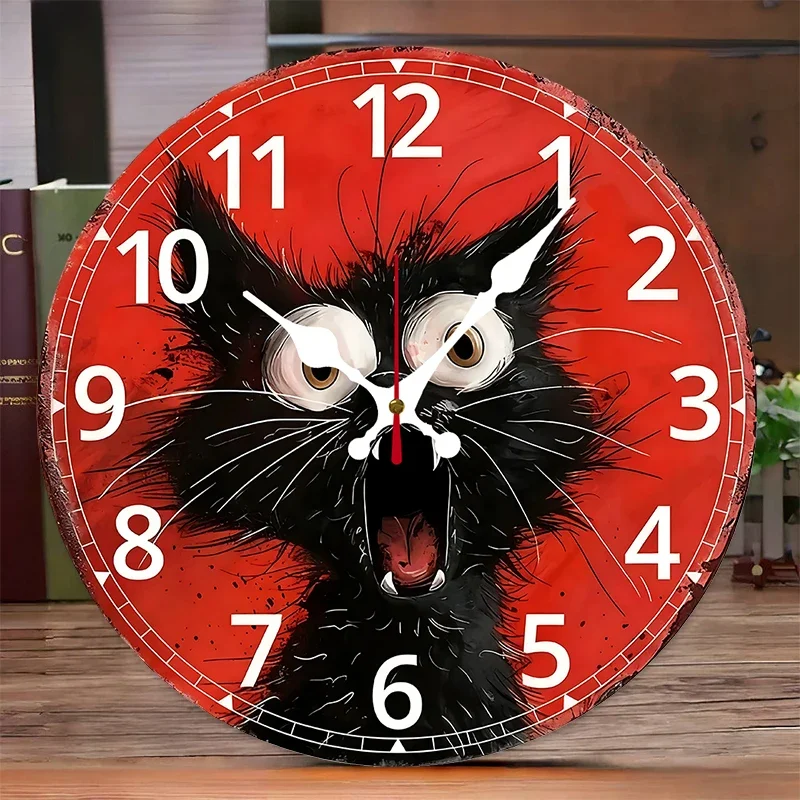 Angry Black Cat Wooden Round Silent Hanging Wall Clock, Suitable For Living Room, Office, Study Room, Bedroom, Home Decoration