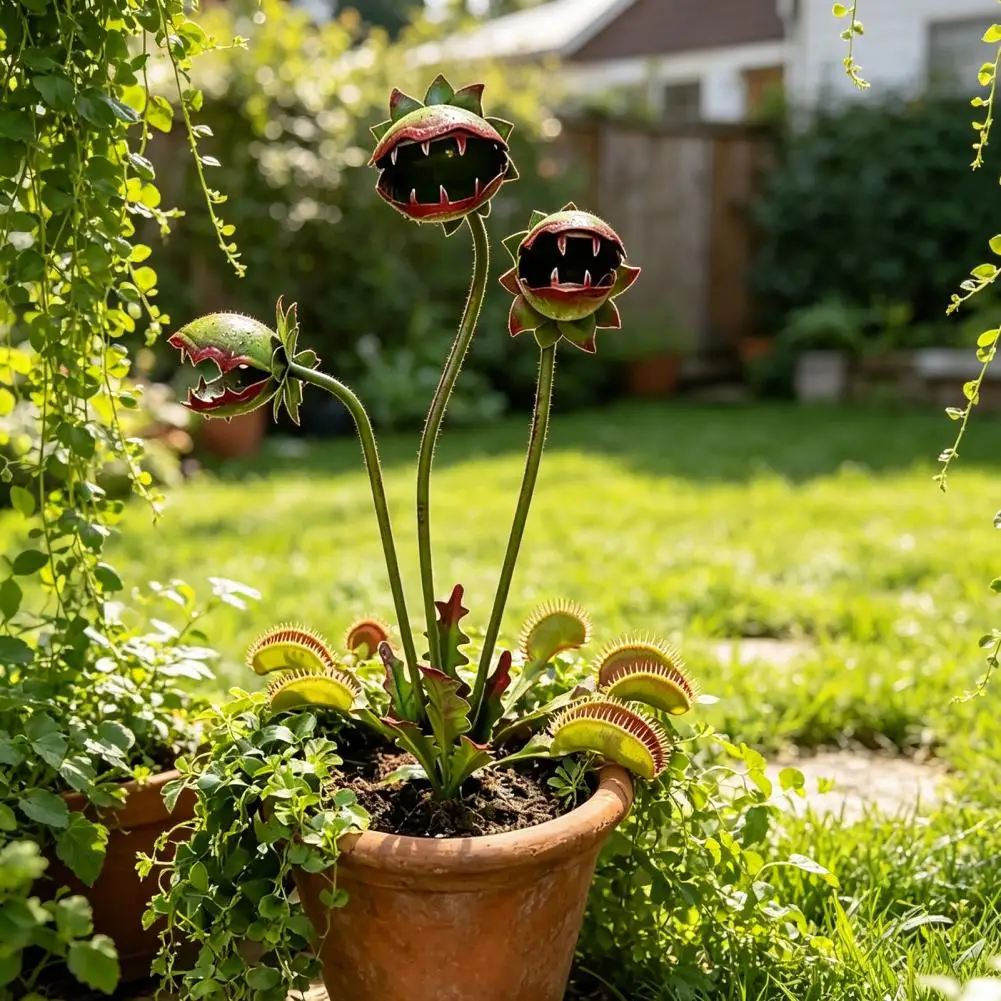 Handgefertigter Metall-Gartenstecker mit Fleischfresser-Pflanze, Rostfrei und Regenfest, Gartendekoration für Blumenbeet, Terrasse, Pflanzgefäß und Außenrasen – Detail 11