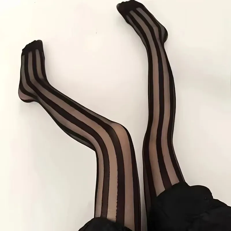 

Vintage Striped Pantyhoses Women's Sexy Sheer Wide Vertical Stripe Black Tights Retro Classic Nylon Hosiery Thigh High Stockings