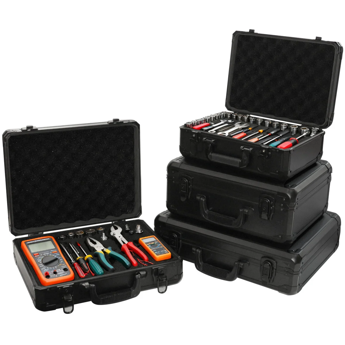 1pc Black Aluminum Alloy Frame Portable Toolbox Large Instrument Display Box with Shock-proof Sponge Tool Organizer with Foam