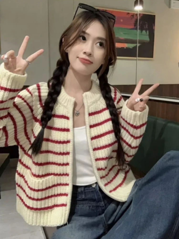 

Soft Cozy Striped Knitted Sweater Coat Women's Loose Lazy Zipper Cardigan Trendy Autumn Winter New Sle Sweet Sle Long Sve