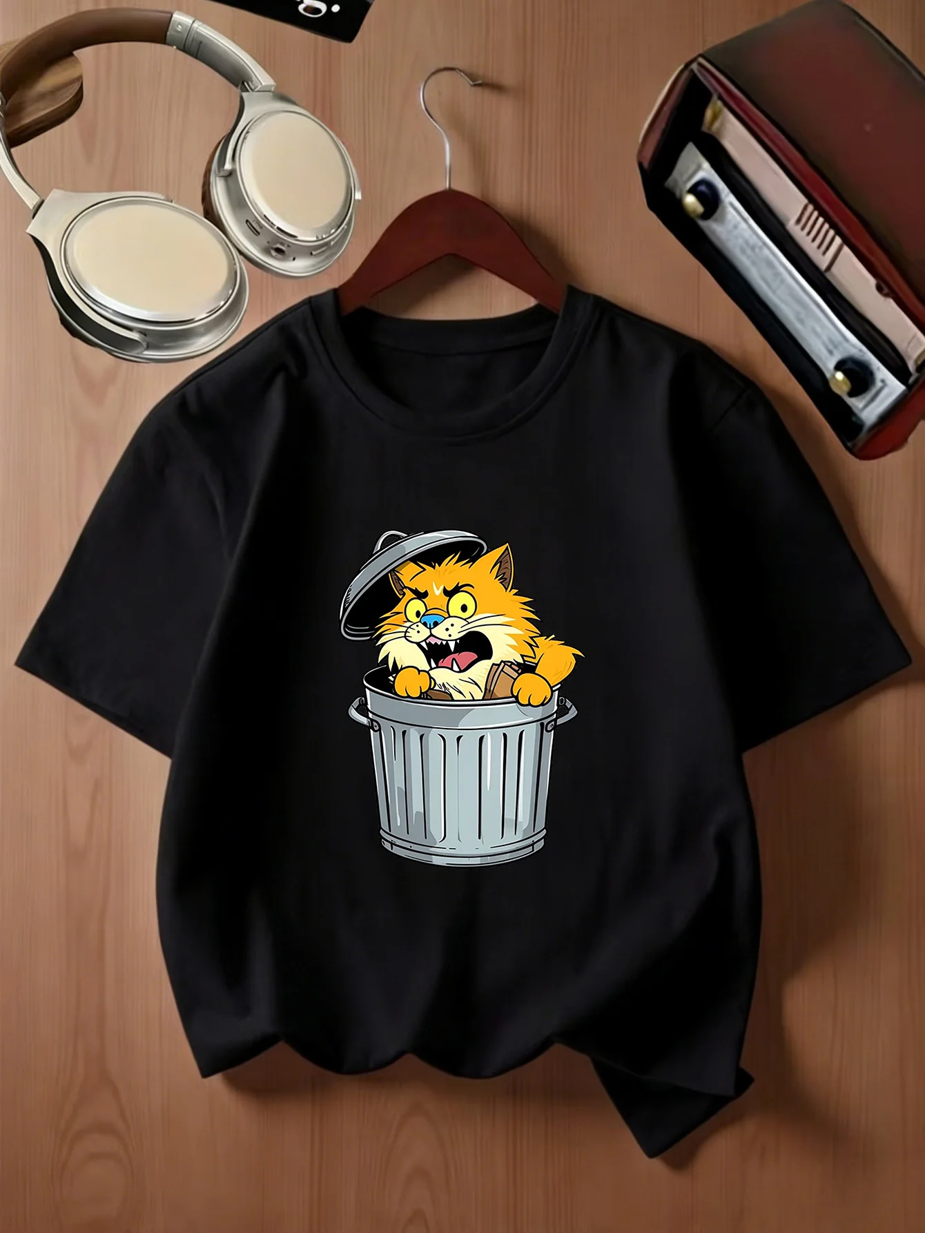 Funny Wild Cat Inside Garbage Bin Animal Print Kids T Shirt Boys Girls Family Matching Parent Child Summer Crew Neck Casual Tee