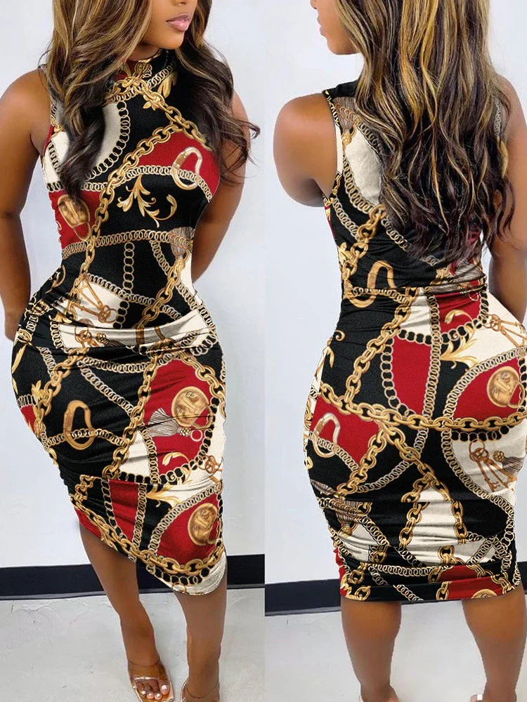 Jurk Voor Vrouwen 2024 Zomer Nieuwe Casual Geometrische Print Mouwloze Bodycon Jurk Vestidos De Mujer Elegante Boho Midi Robe Vrouw