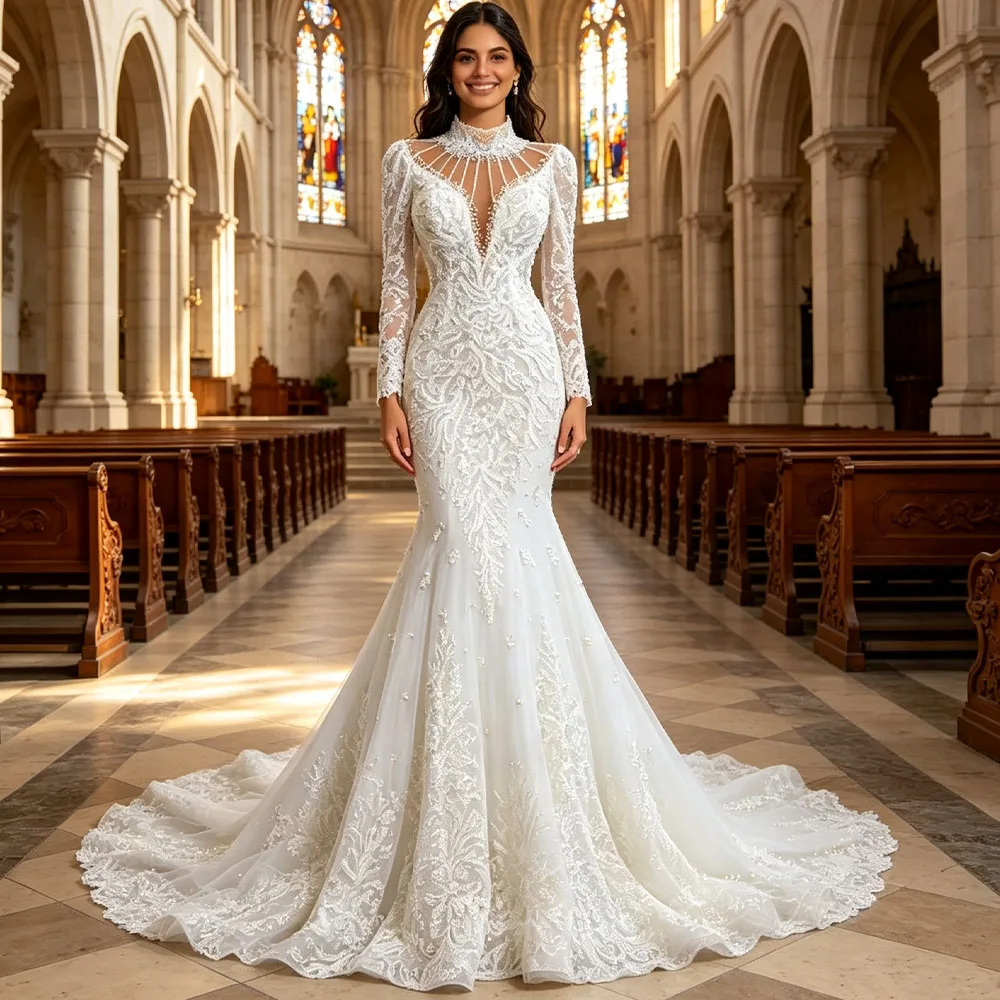 Luxury Turtle Long Sleeves Lace Up Keyhole Back Wedding Dress Beading Customized Robe Mariage
