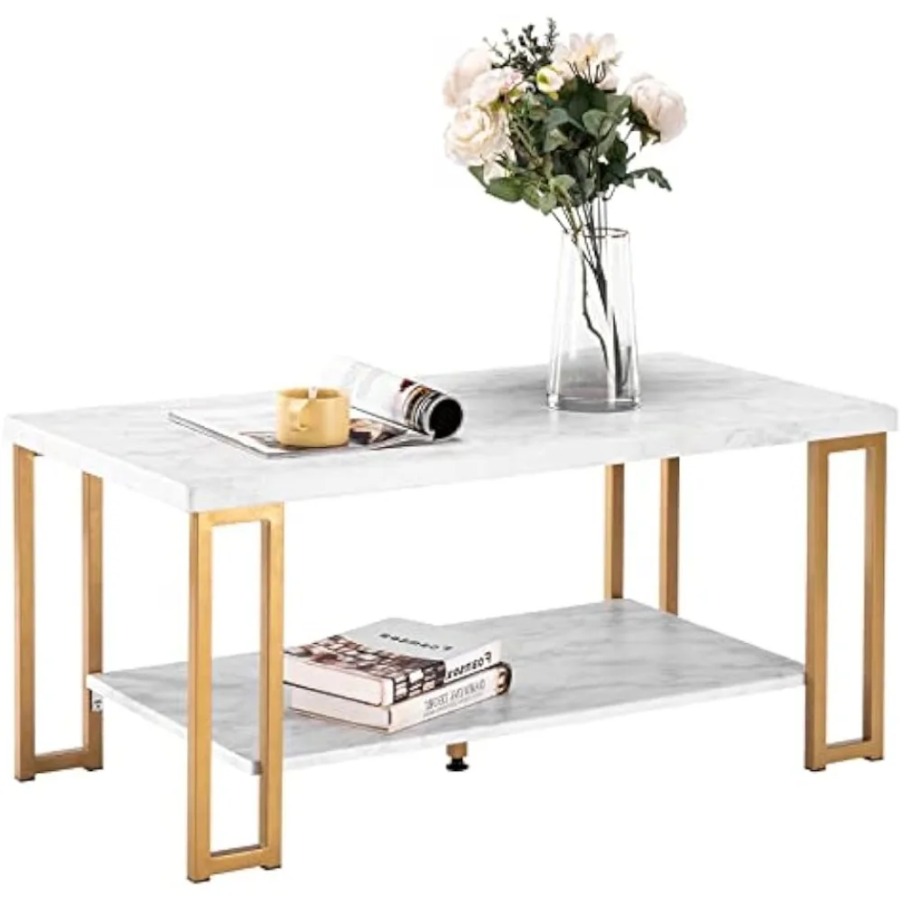 

Modern 2-Tier Coffee Table - Faux Marble Top with Metal Frame for Living Room