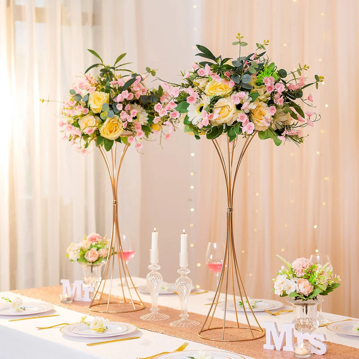 

Gold Centerpieces for Table Wedding Geometric Metal Flower Stands for Centerpiece Tables Metalllic Tall Risers for Tabletop Arra