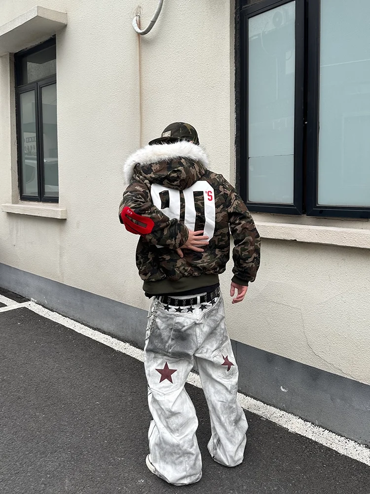 

Ретро-джинсы в американском стиле с эффектом грязевого окрашивания и звездным принтом, прочные повседневные свободные джинсы прямого кроя для мужчин и женщин, брюки Cleanfit для пар