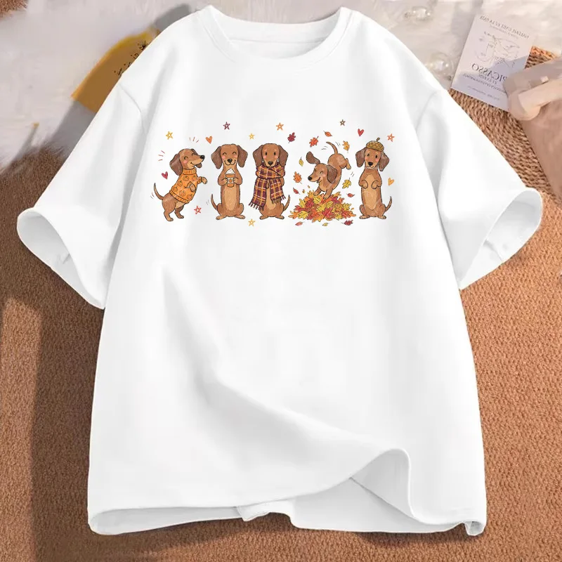 Cute Dachshund Dogs Autumn Fall Leaves Retro Art Print Graphic Womens T Shirt Short Sleeve Crew Neck Casual Ladies Tee Tops