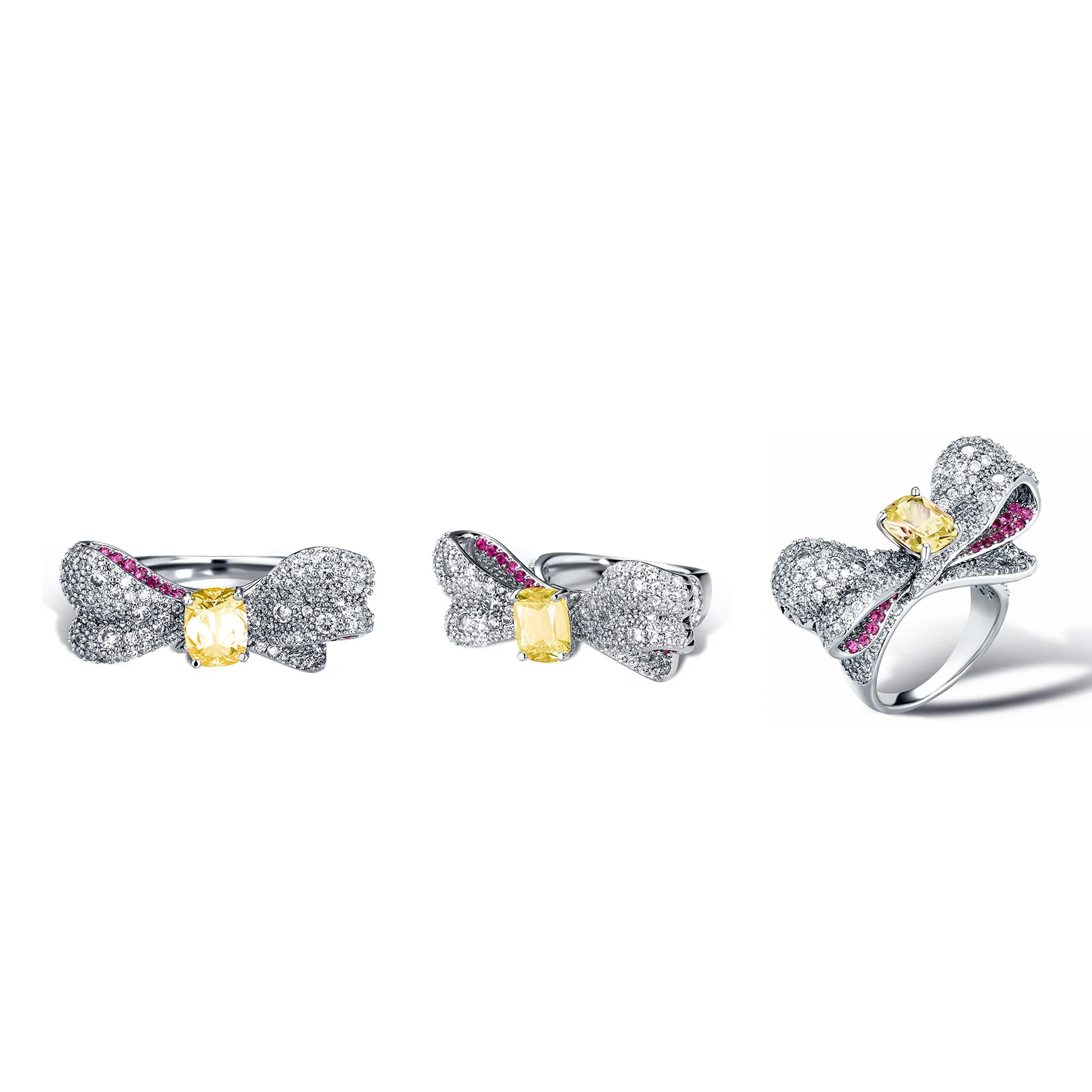 Women Bow‑Knot Colorful CZ Ring Hip Hop Full Paved Gemstone Statement Ring Luxury Sparkly Party Dating Fashion Jewelry Wholesale