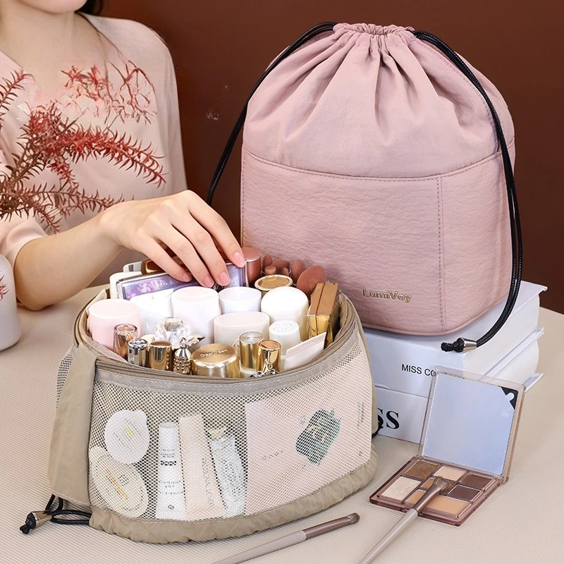 Bucket Drawstring Closure Soft Fabric Makeup Bag, Large Capacity Travel Organizer for Ladies Daily Skincare Cosmetic Supplies