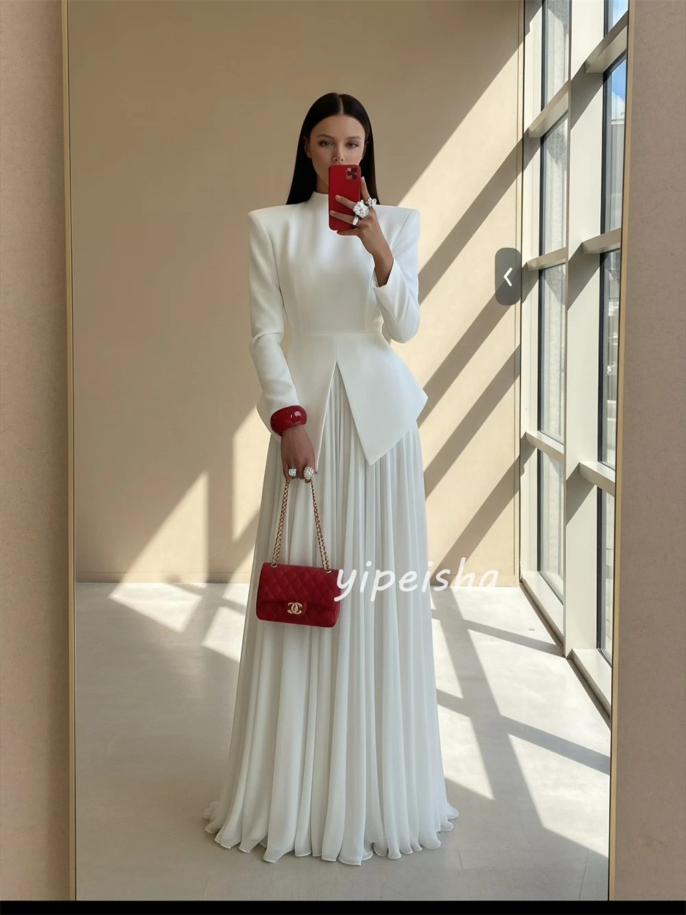 Customized Elegant Women Jersey Ruched Pleat  A-Line Evening Dresses Formal High Collar Long Sleeves Floor Lenght Prom Dresses image 3