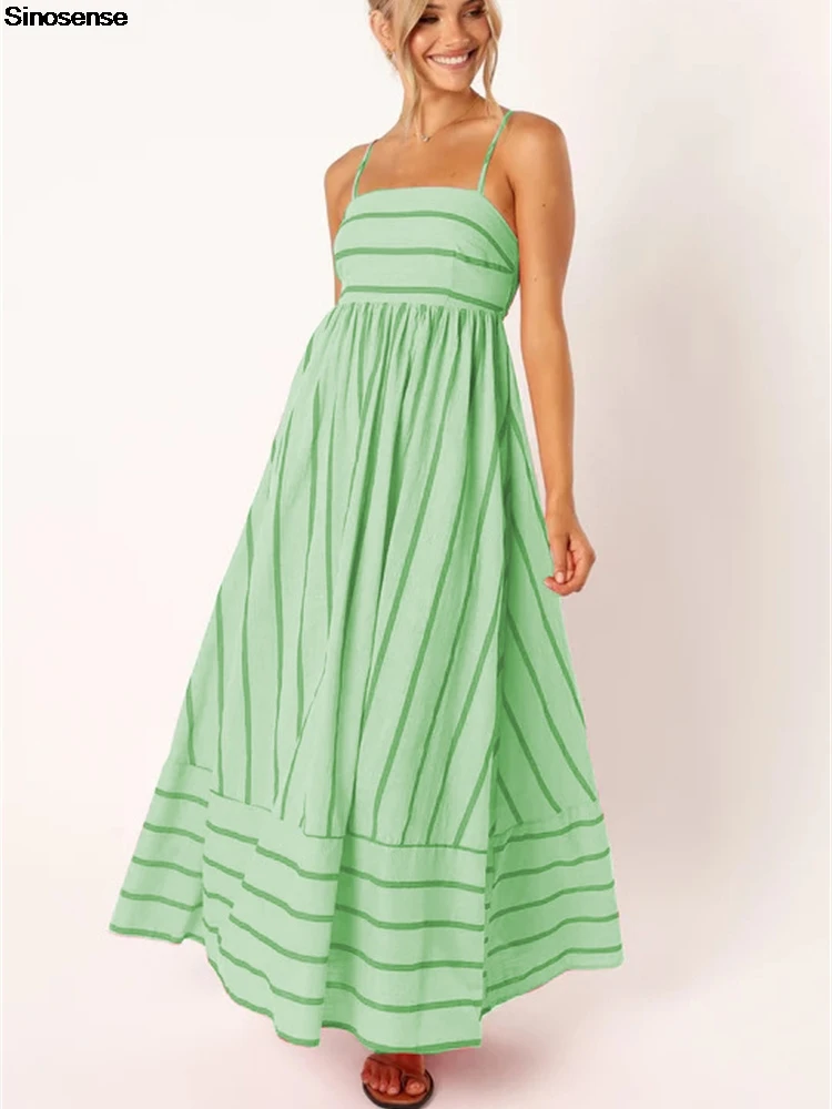 Abito lungo da donna con smock sul retro a righe Abito lungo sexy con cinturino per spaghetti ritagliato Abito lungo altalena fluido Y2K Abito da vacanza per appuntamenti di strada