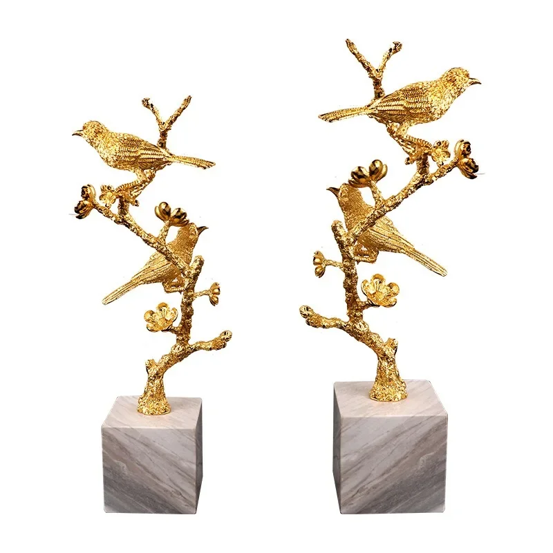 Chinese Luxury Marble Stand Alloy Branch Bird Metal Accessories Home Lvingroom Table Ornament Crafts Office Figurines Decoration