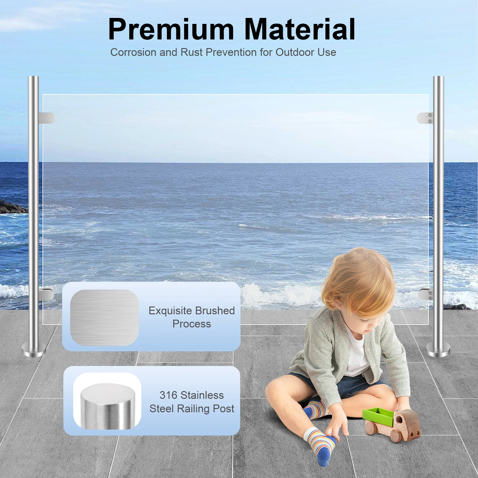 110 cm/4,3 Zoll Geländerpfosten, Geländerpfosten, Edelstahl-Handlaufgeländer, geeignet für Glas mit einer Dicke von 12 mm