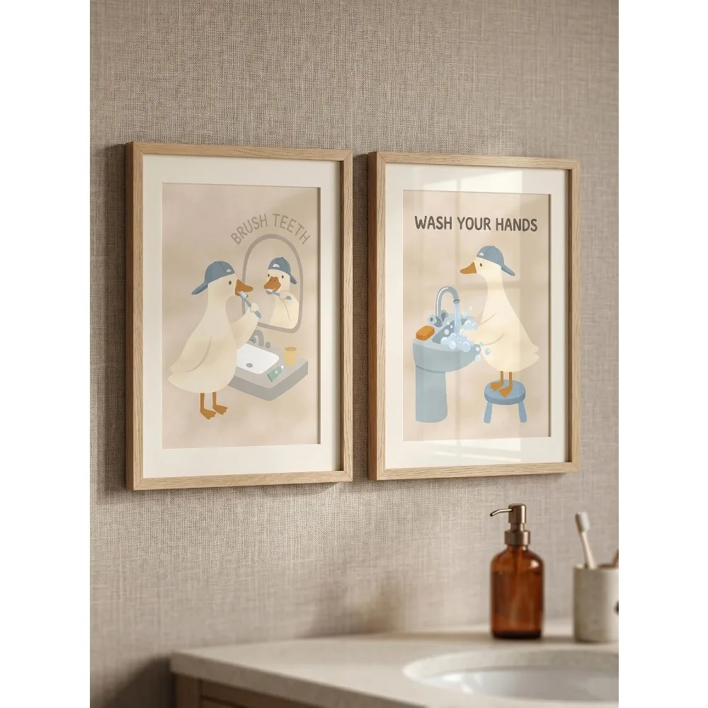 2pcs Frameless, Silly Goose Bathroom Prints, Children's Daily Wall Art (digital Download), Toilet Bathroom Wall Art Decoration