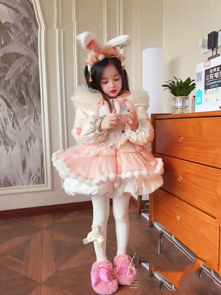 Kids Clothes Warm Warm Winter Thick Baby Girls Spanish Lolita Christmas Sweet Princess Ball Gown Layered Snow Long Jacket Coat