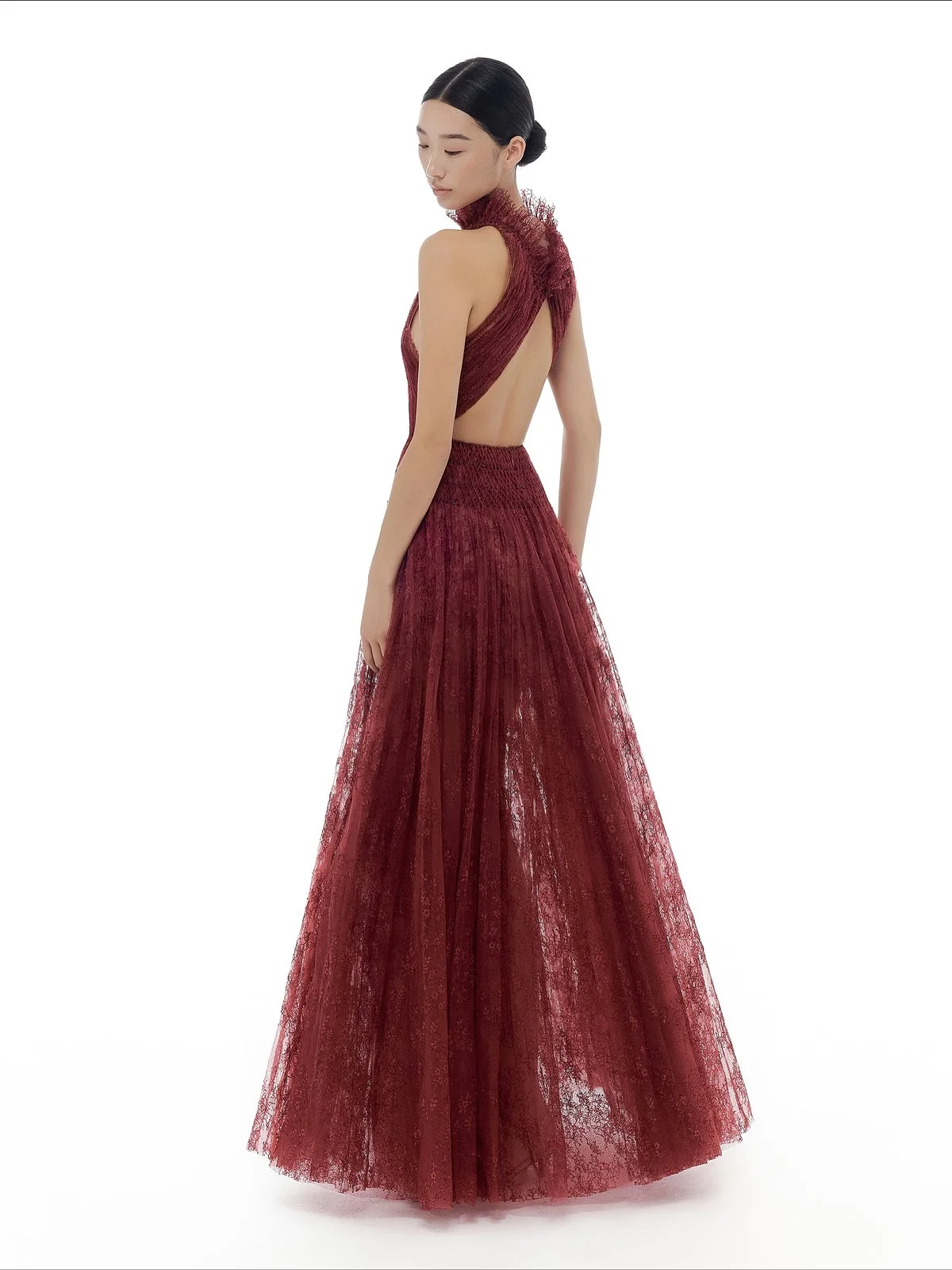 リアルイメージ バーガンディ ハイネック ストレート イブニングドレス バックレス レース オーバーレイ ウェディング カクテル パーティー ドレス トレンド ロングドレス