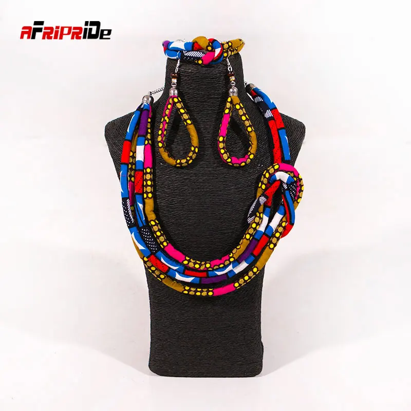 New Ankara Fabric Set Side Knot Necklace,Bracelet and Earrings 3 Pieces Afrocentric Necklace Asymmetric Necklace  WYB203